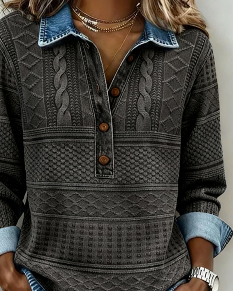 SOFIA – Sudadera de Punto Trenzado con Detalles en Denim