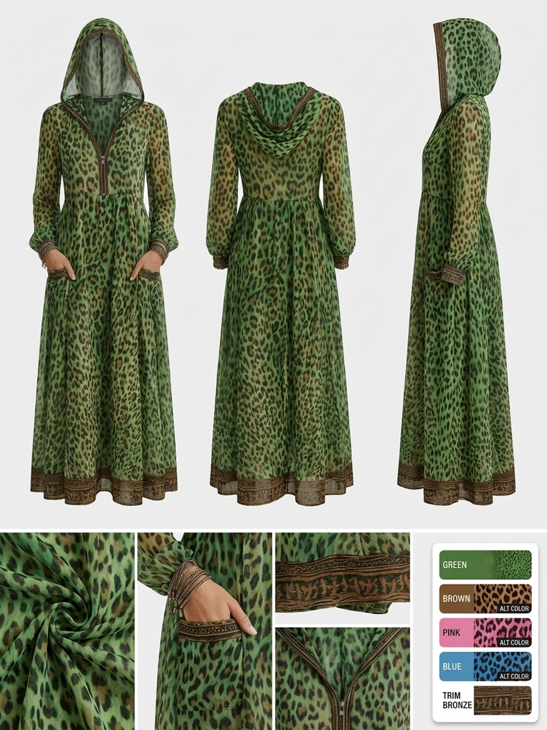 Vestido Midi con Capucha de Arte de Leopardo Casual Retro para Mujeres