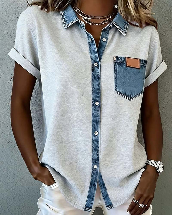 Margarita | Camiseta de patchwork denim con cuello vuelto