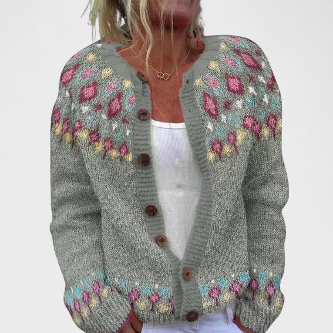 Lianne Salvia Dorata – Cardigan lungo a maglia con stampa chic