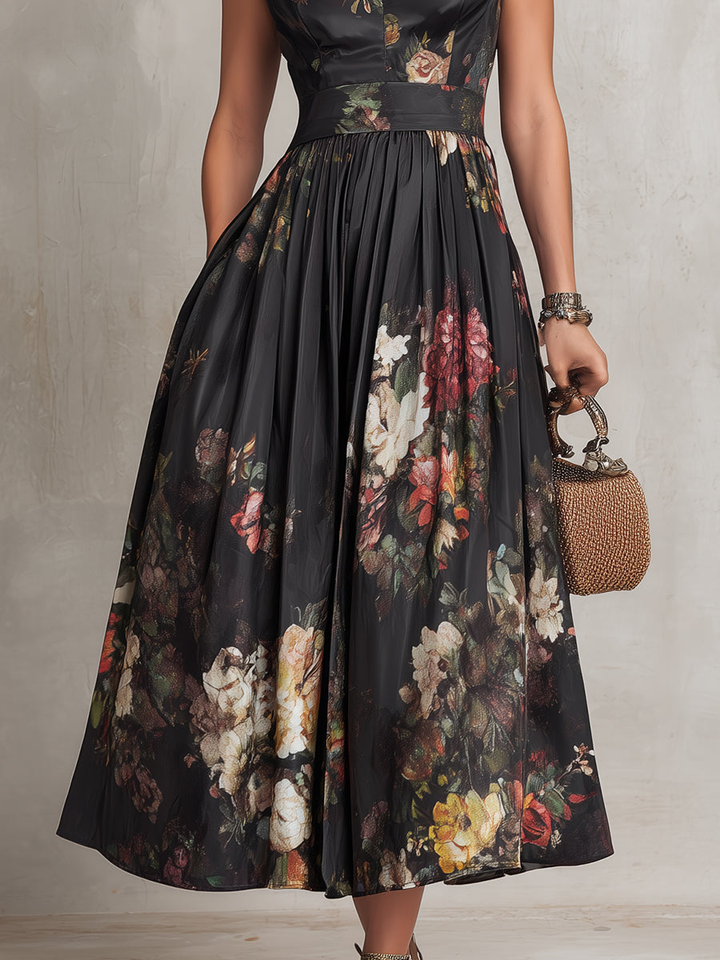 Violetta - Vestido Midi Negro en Satén Plisado con Motivo Floral y Escote en Forma de Llave