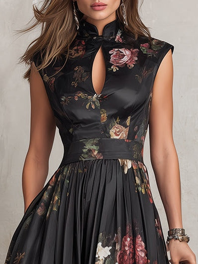 Violetta - Vestido Midi Negro en Satén Plisado con Motivo Floral y Escote en Forma de Llave