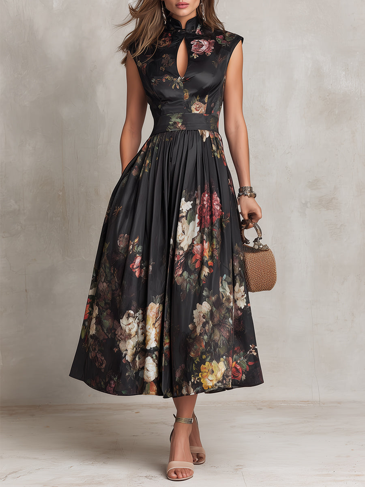 Violetta - Vestido Midi Negro en Satén Plisado con Motivo Floral y Escote en Forma de Llave