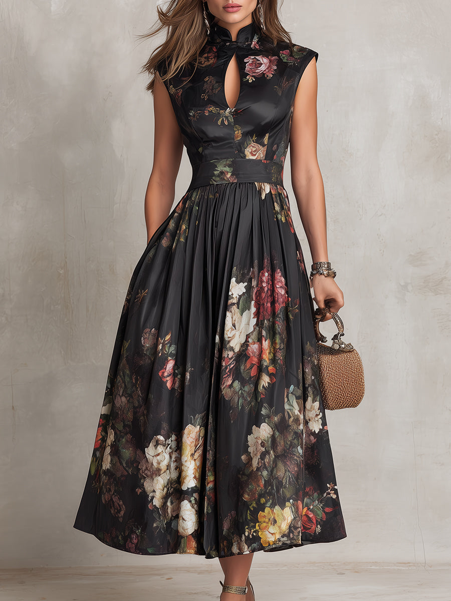 Violetta - Vestido Midi Negro en Satén Plisado con Motivo Floral y Escote en Forma de Llave