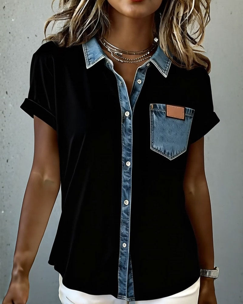 Margarita | Camiseta de patchwork denim con cuello vuelto