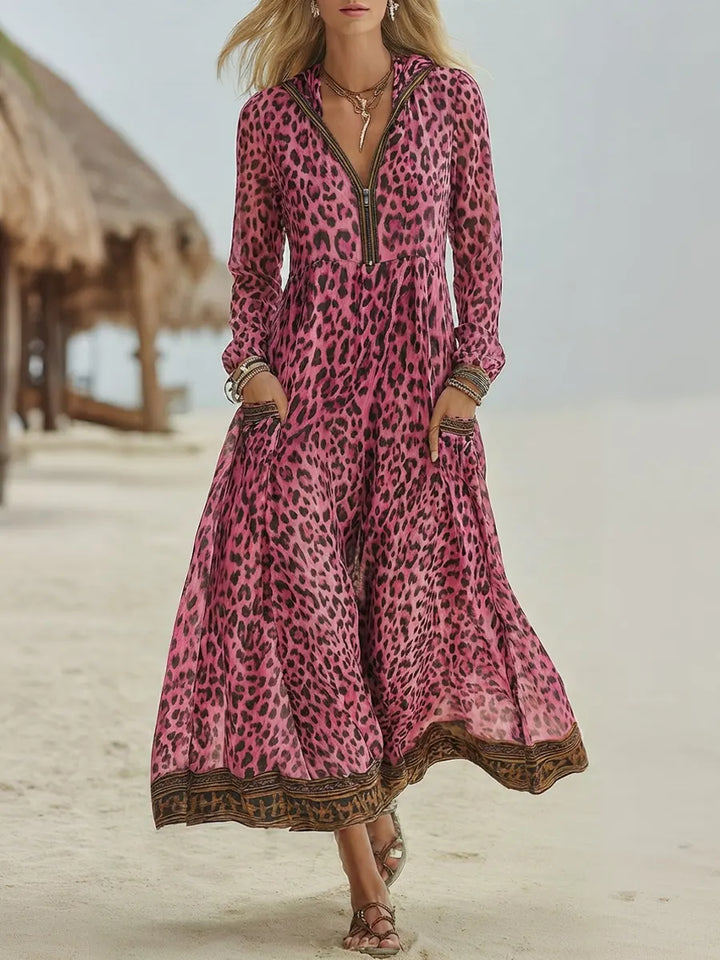 Vestido Midi con Capucha de Arte de Leopardo Casual Retro para Mujeres