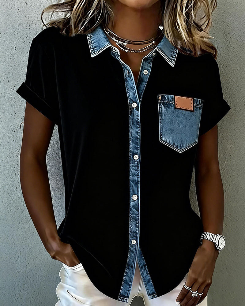 Margarita | Camiseta de patchwork denim con cuello vuelto
