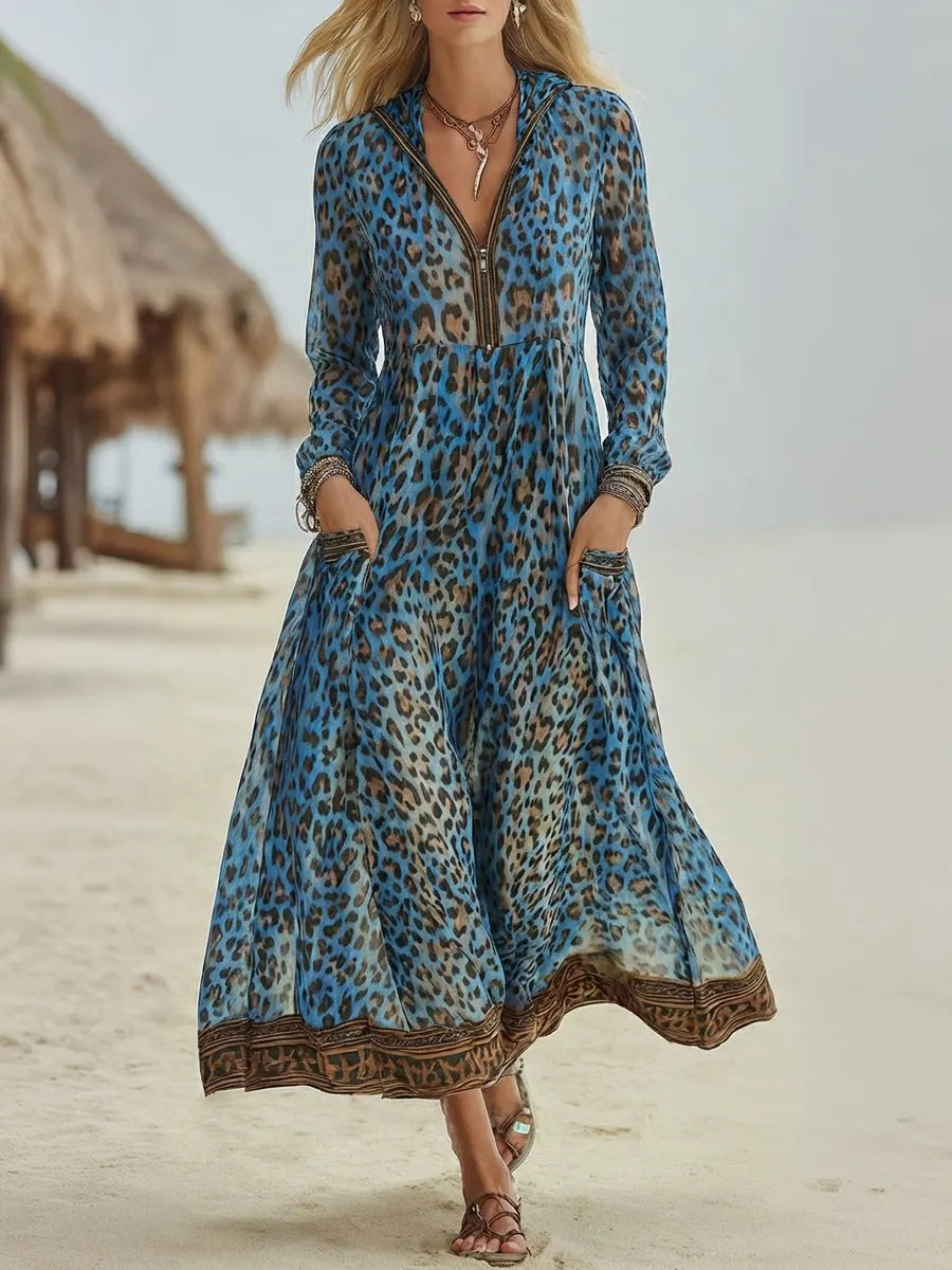 Vestido Midi con Capucha de Arte de Leopardo Casual Retro para Mujeres