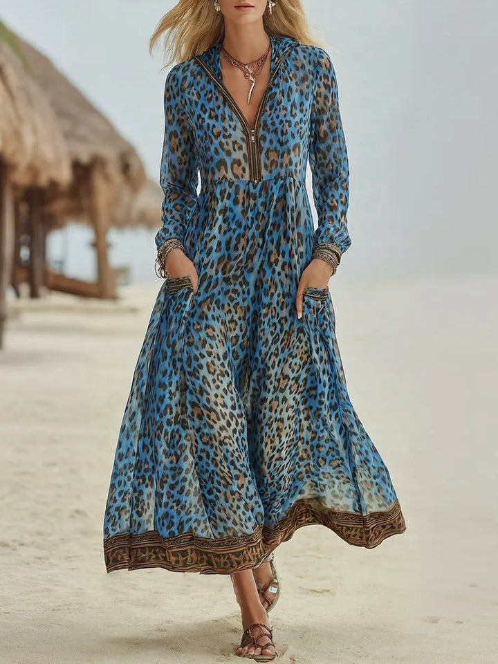 Vestido Midi con Capucha de Arte de Leopardo Casual Retro para Mujeres