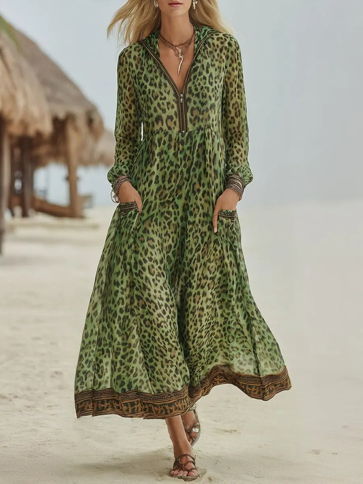 Vestido Midi con Capucha de Arte de Leopardo Casual Retro para Mujeres