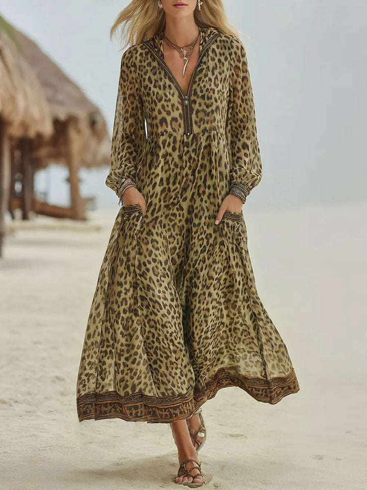 Vestido Midi con Capucha de Arte de Leopardo Casual Retro para Mujeres