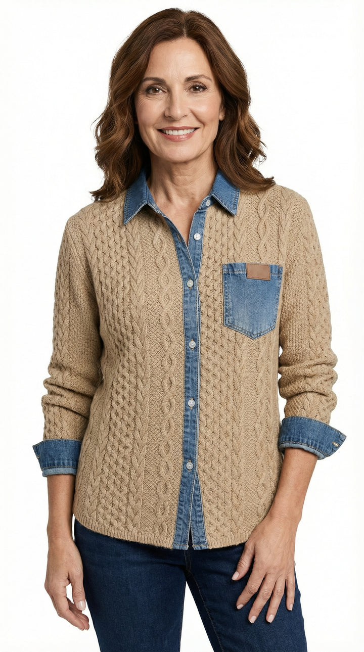 AMBRA - Top in maglia patchwork con dettagli in denim